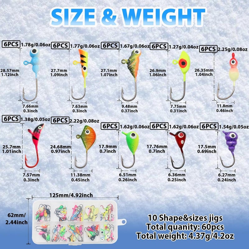 FishTrip Ice Fishing Jigs Kit, 30/60Pcs Glow Ice Fishing Lure Set for Winter Ice Jigging Crappie Sunfish Perch Panfish Walleye Pike Jigs, Ice Fishing Gear with Storage Box - Image 4